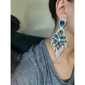 Big Blue and green earring iridescent chandelier rhinestone earrings crystal